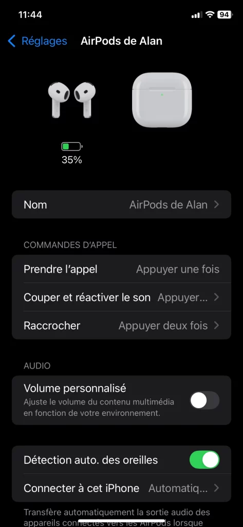 Réglages AirPods4 iPhone